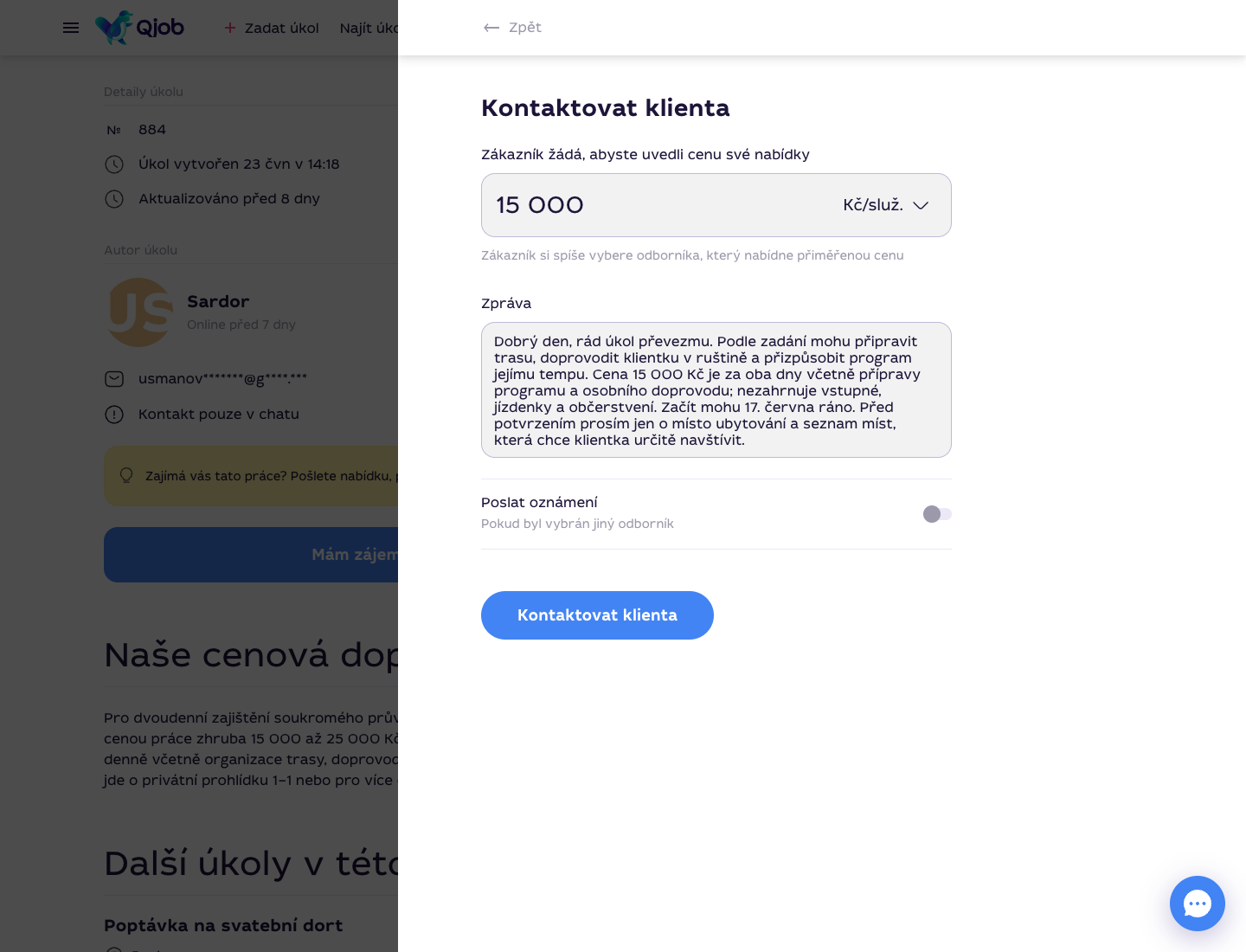 Vyplněná nabídka s cenou, rozsahem, termínem a konkrétní zprávou zákazníkovi před odesláním