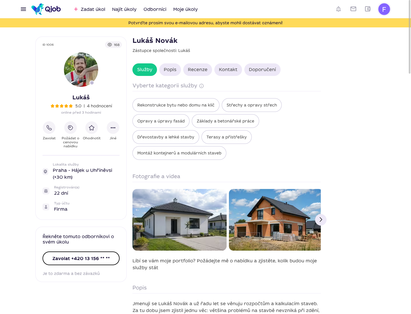Profil specialisty na Qjob.cz s tlačítkem Požádat o cenovou nabídku