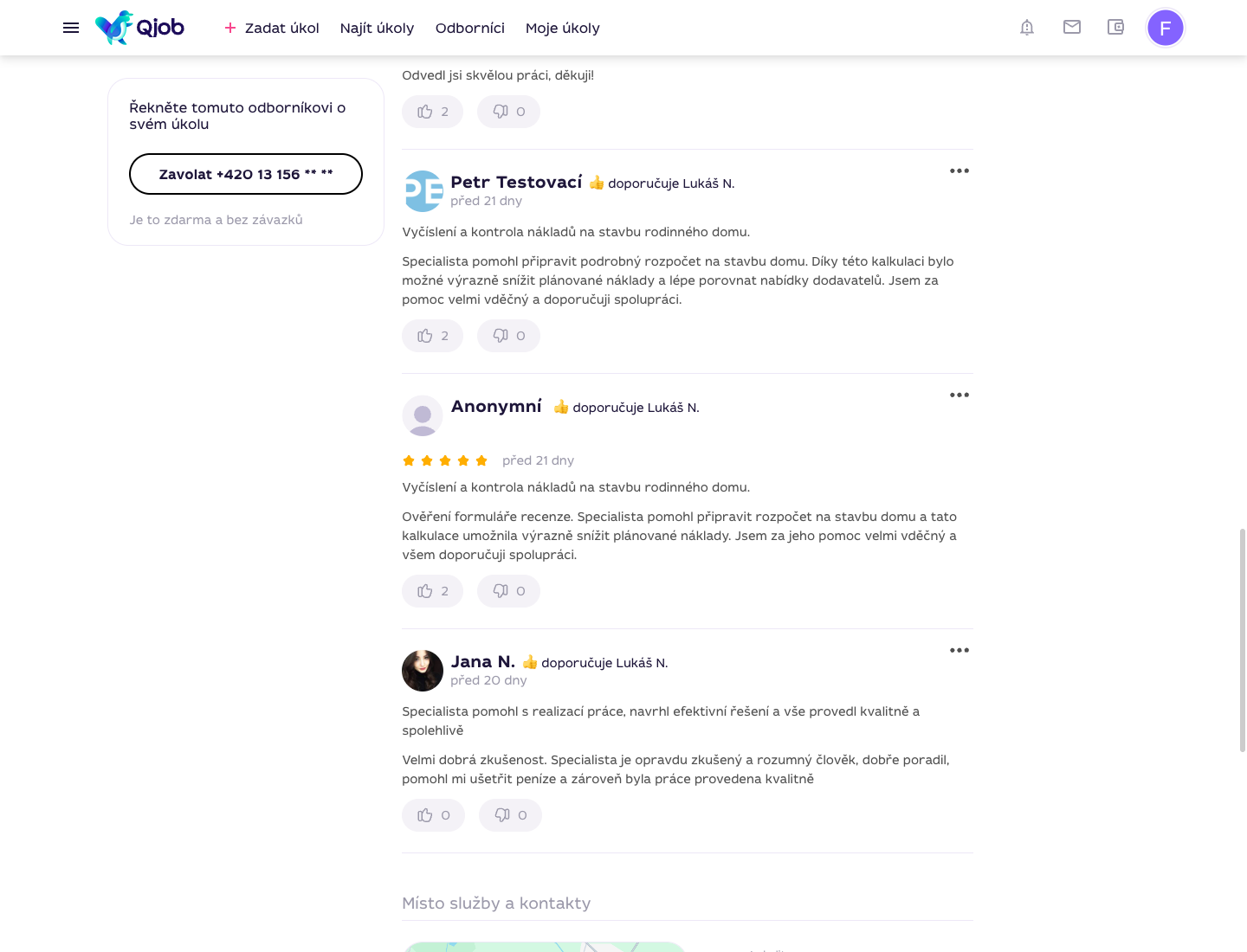 Recenze a kontaktní část profilu specialisty před odesláním úkolu