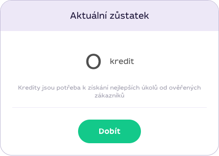 Blok Aktuální zůstatek na Qjob.cz s nulovým počtem kreditů a tlačítkem Dobít