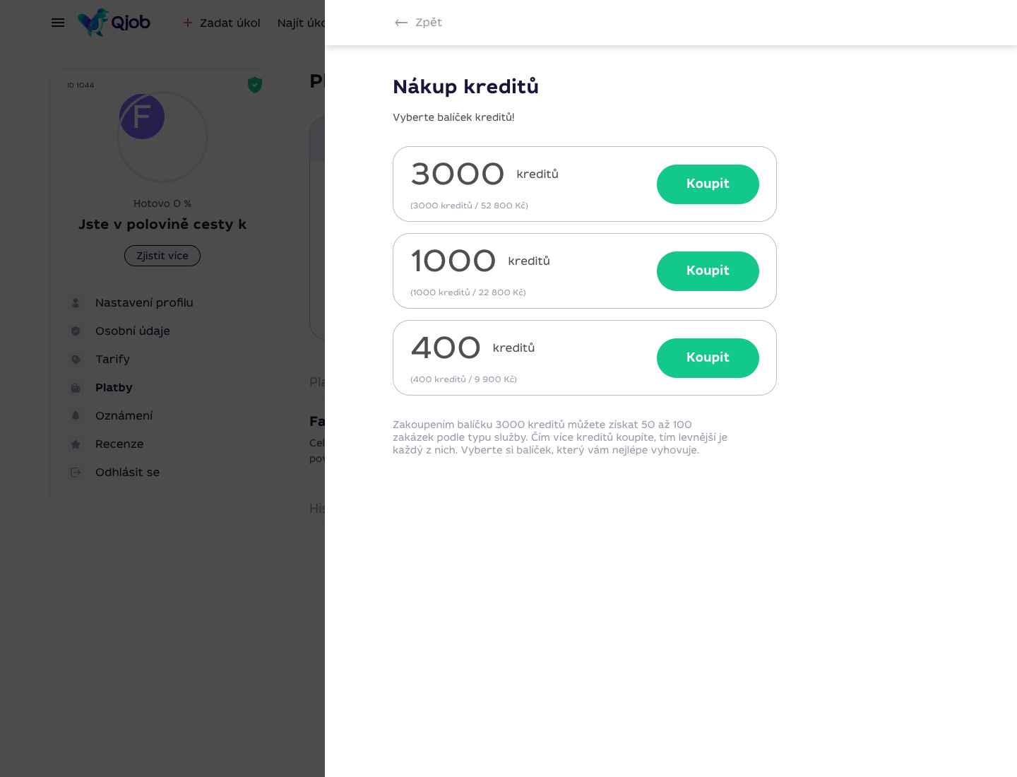 Obrazovka Nákup kreditů Qjob.cz s balíčky 3000, 1000 a 400 kreditů