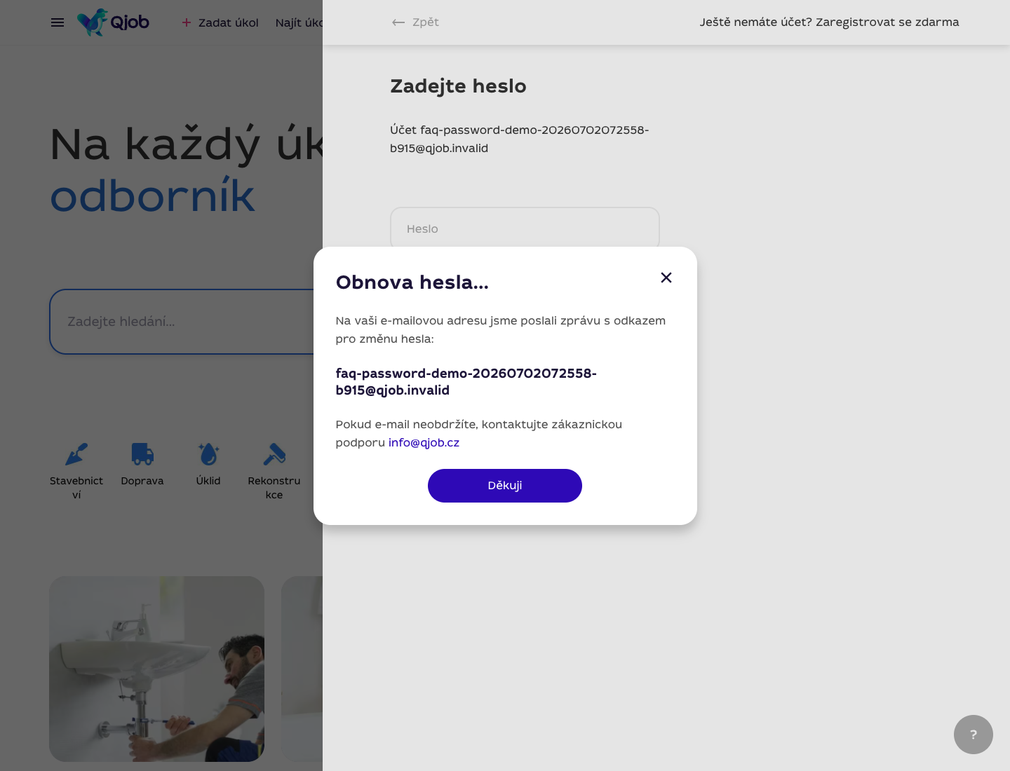 Potvrzení Qjob.cz, že e-mail pro obnovu hesla byl odeslán