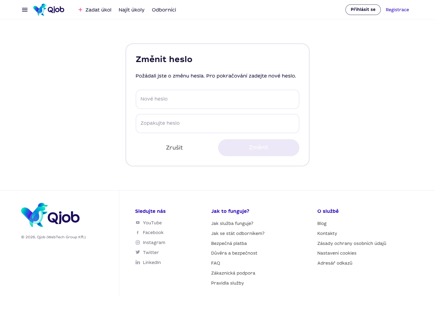 Stránka Qjob.cz pro zadání nového hesla po otevření resetovacího odkazu