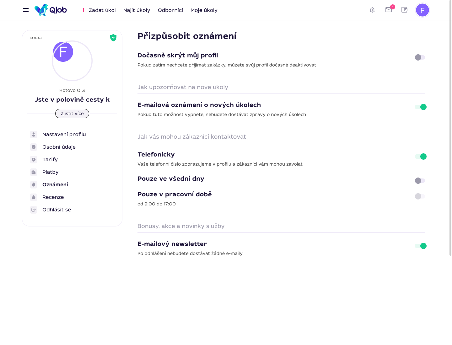 Nastavení oznámení Qjob.cz s volbami e-mailových upozornění
