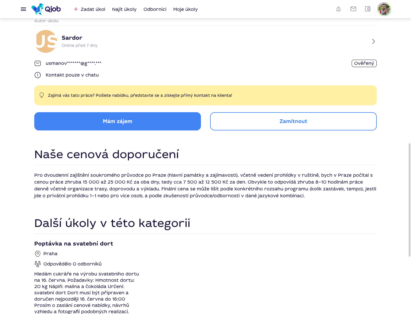 Detail úkolu s cenovým doporučením na Qjob.cz