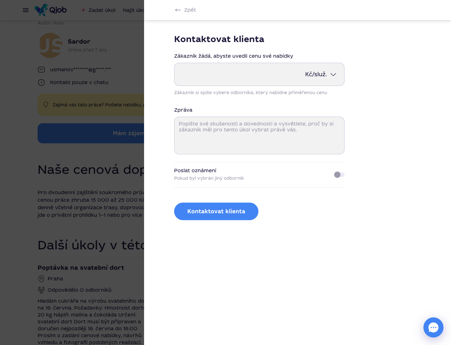 Formulář nabídky s prázdným polem pro cenu a zprávu zákazníkovi
