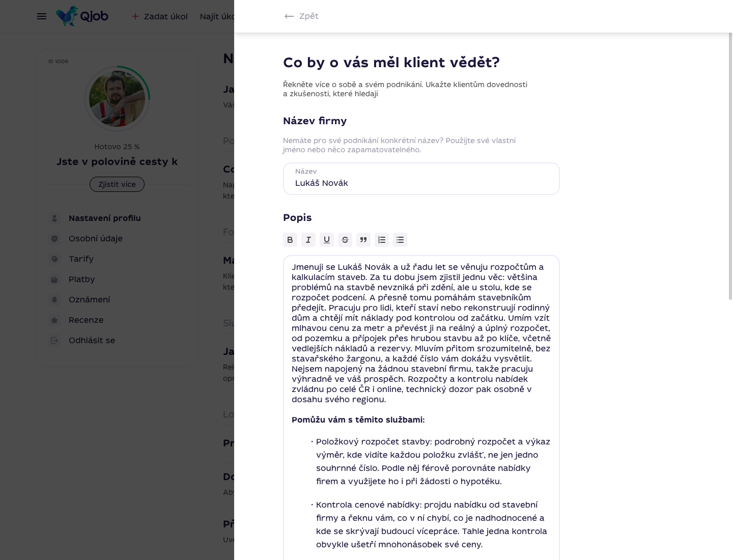 Okno pro úpravu popisu specialisty na Qjob.cz