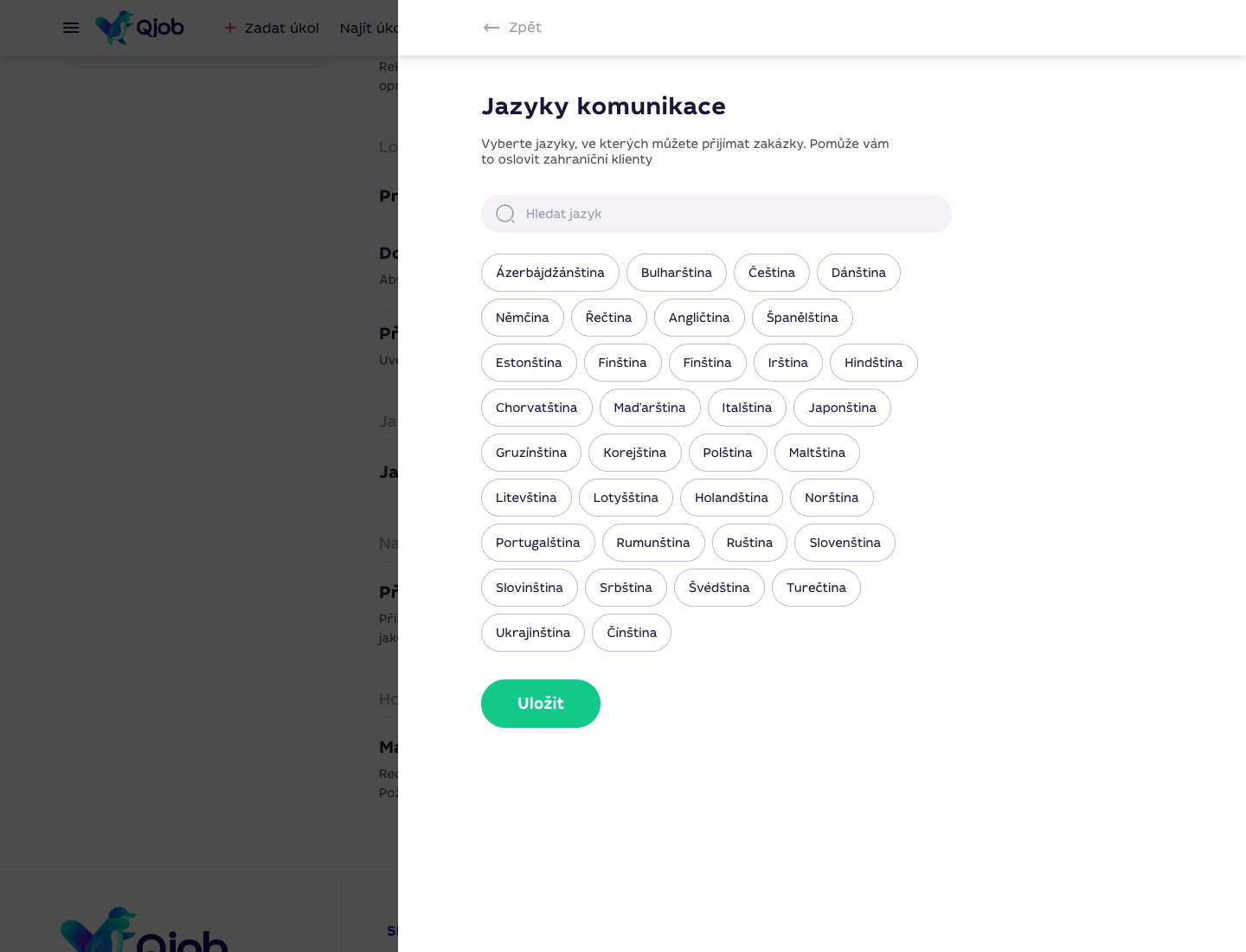 Okno pro výběr jazyků komunikace specialisty