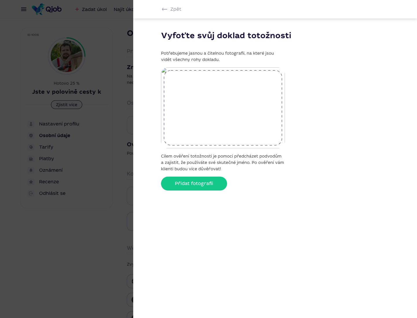 Okno ověření totožnosti specialisty na Qjob.cz