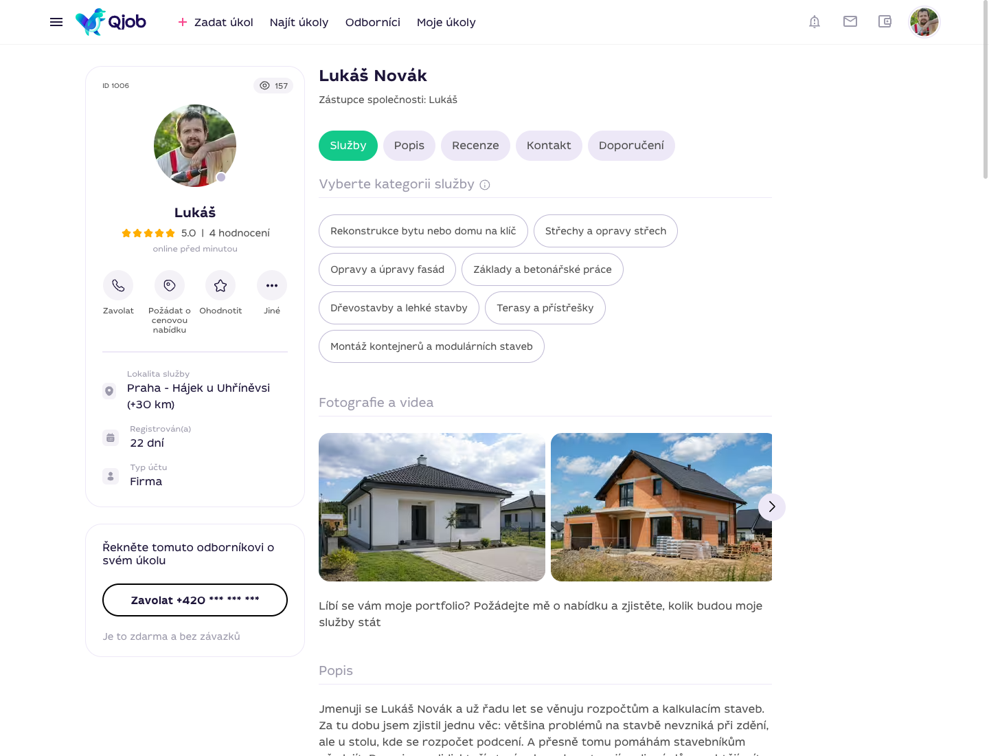 Veřejný profil specialisty z pohledu zákazníka