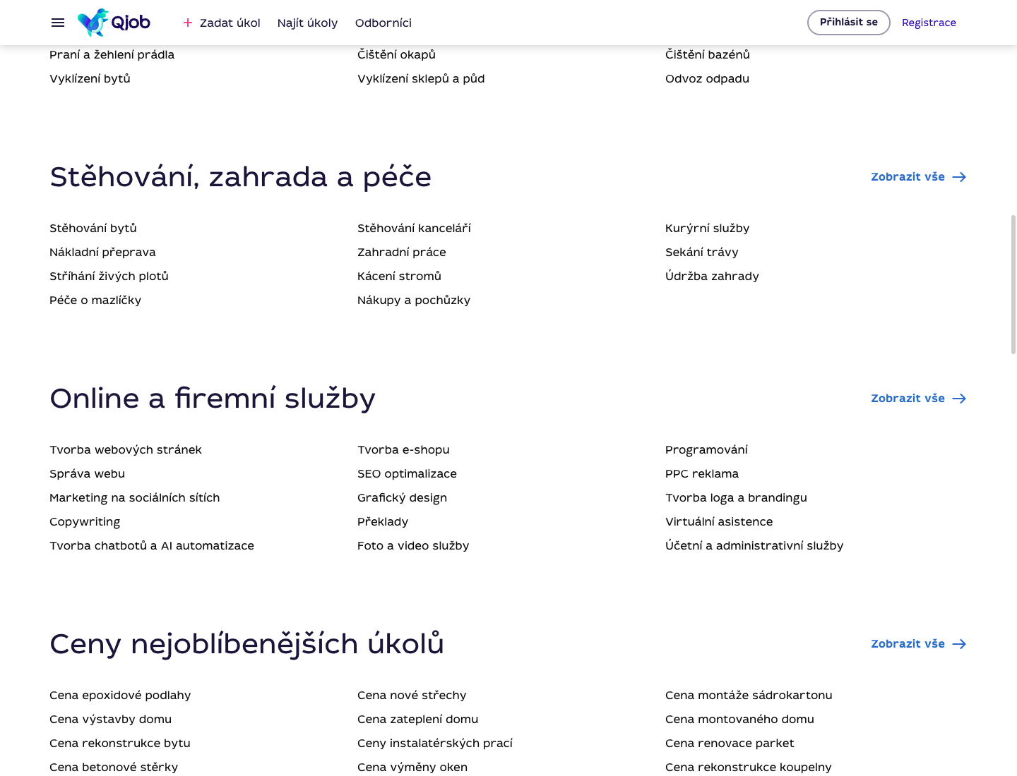 Textové odkazy na populární služby a cenové články na hlavní stránce Qjob.cz