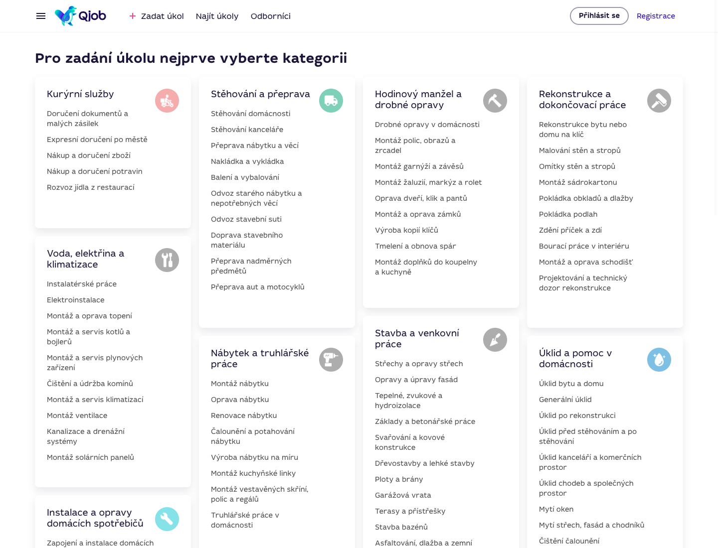 Úplnější přehled kategorií služeb při vytváření úkolu na Qjob.cz