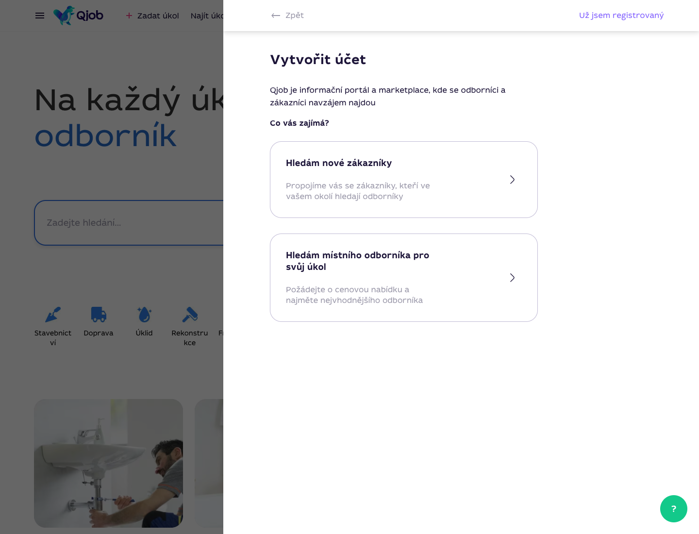 Registrační panel Qjob.cz s volbou Hledám nové zákazníky a Hledám místního odborníka pro svůj úkol