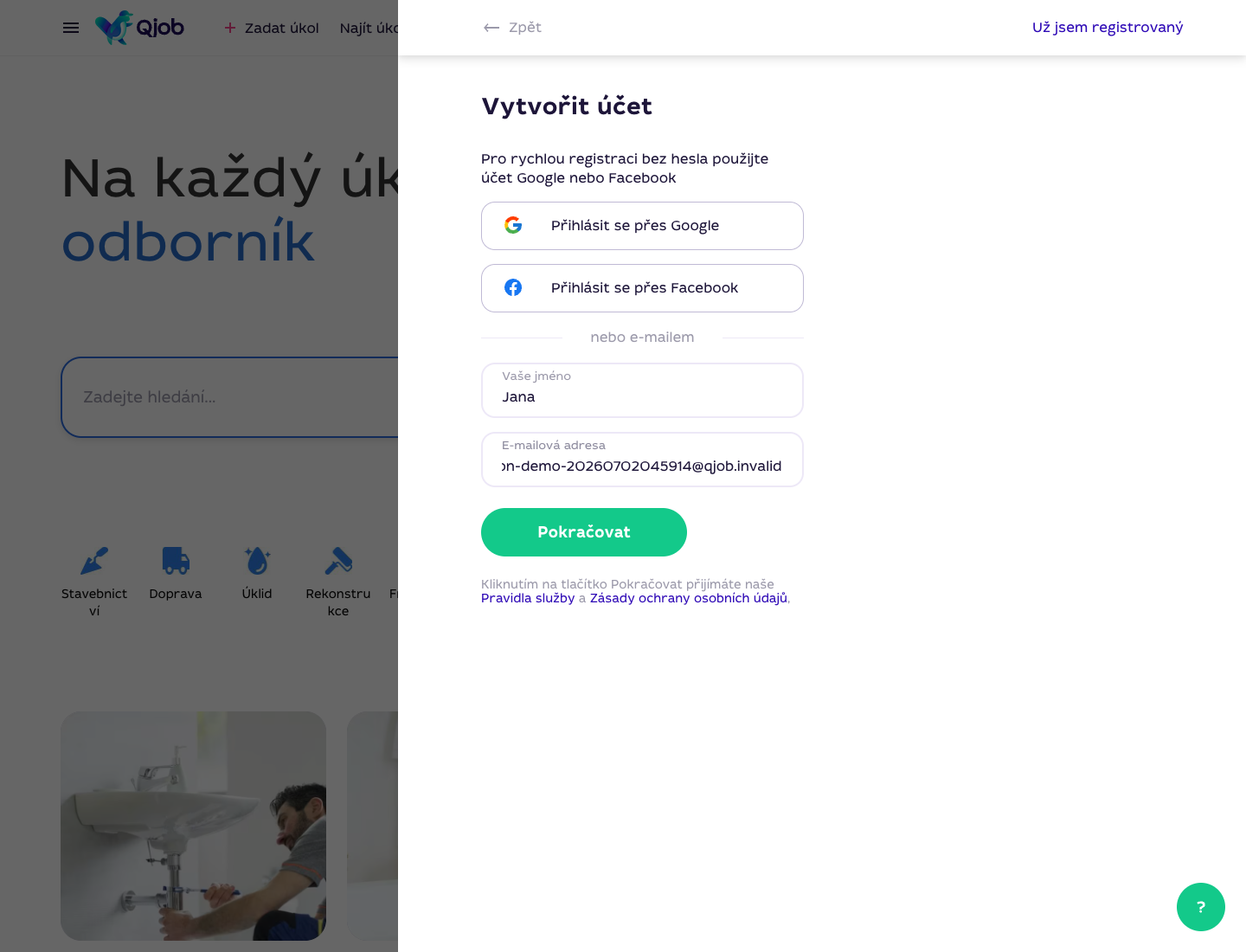 Vyplněný registrační formulář Qjob.cz se jménem a e-mailem
