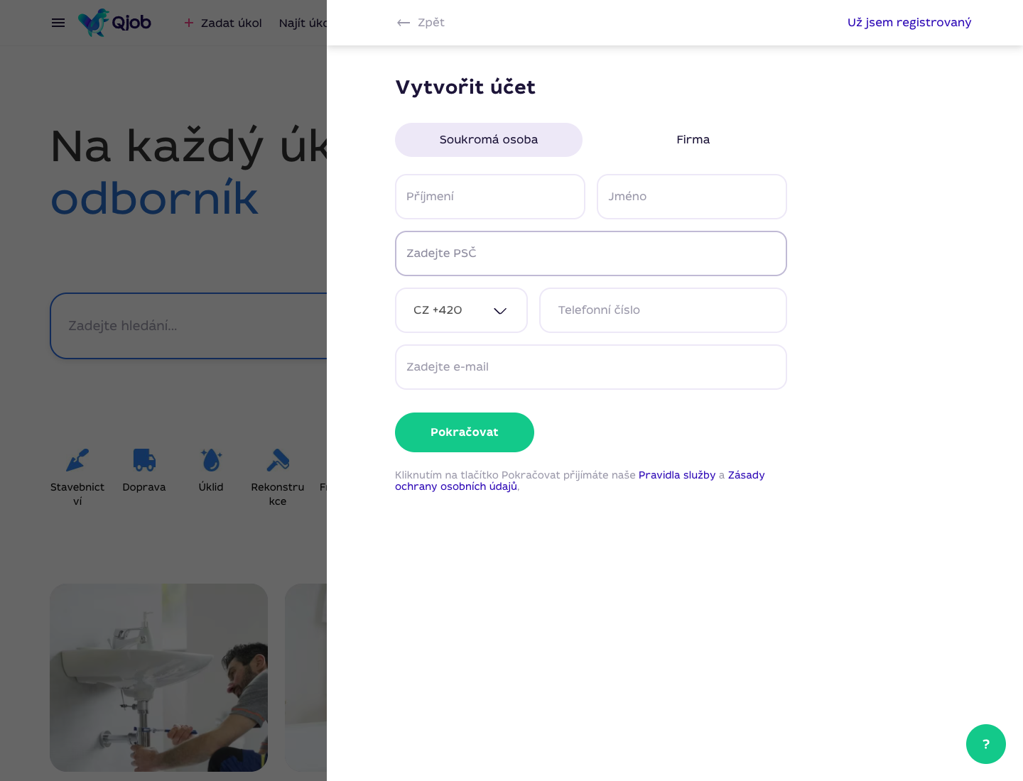 Registrační formulář Qjob.cz pro specialistu se jménem, PSČ, telefonem a e-mailem