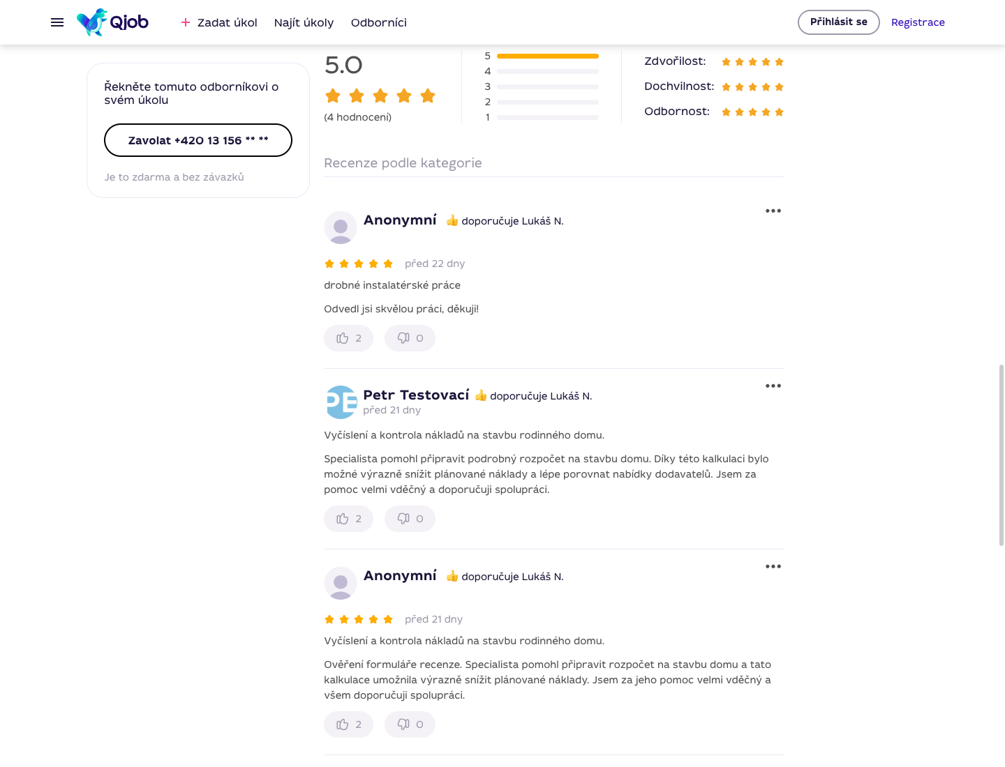 Záložka Recenze na profilu specialisty s průměrným hodnocením a seznamem recenzí