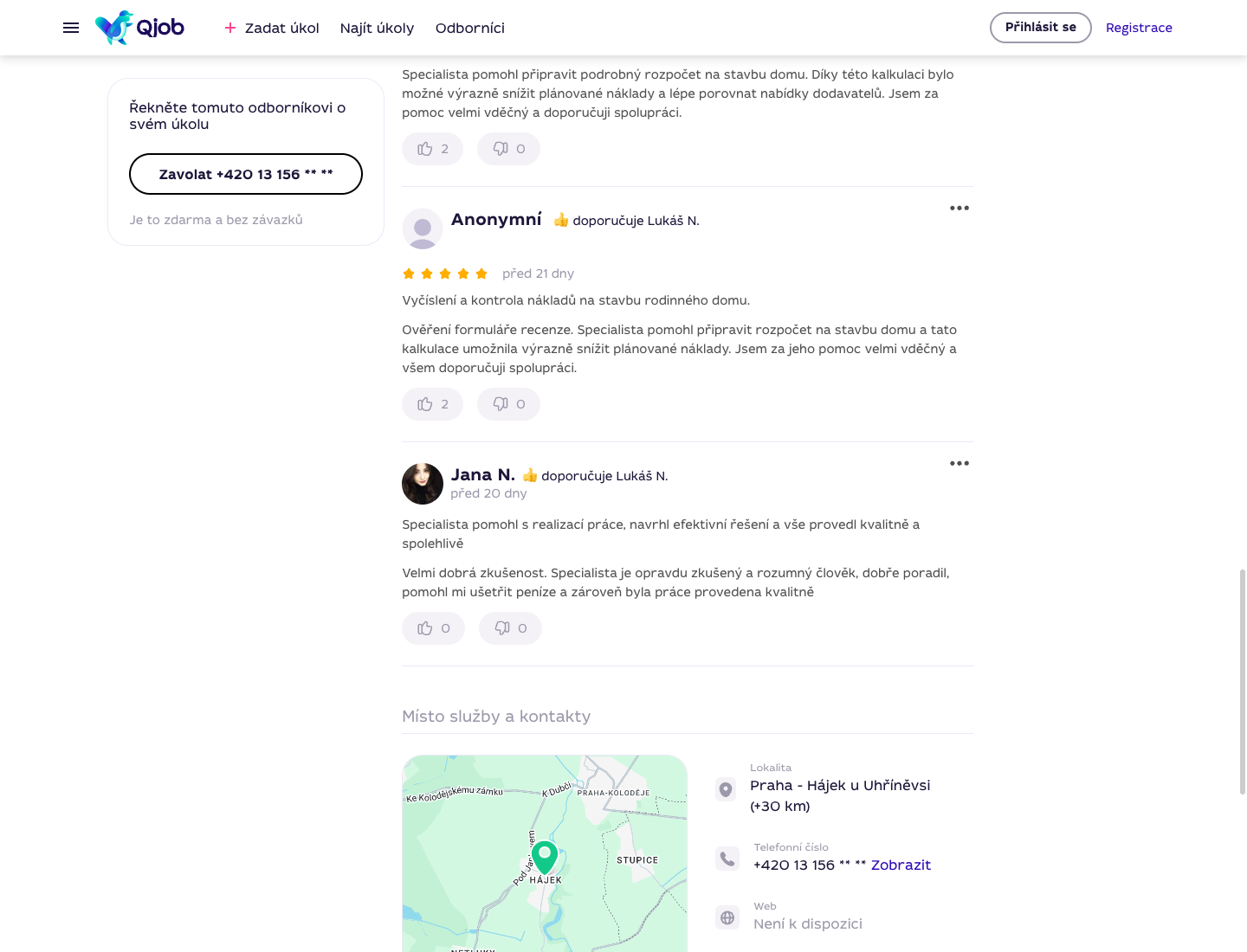 Detail seznamu recenzí a doporučení na profilu specialisty