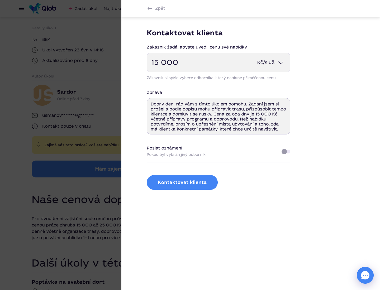 Vyplněný formulář nabídky před odesláním zákazníkovi