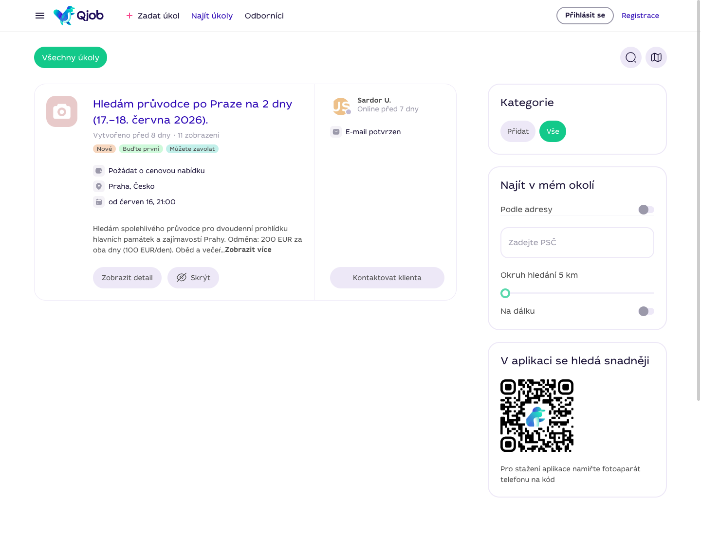 Seznam otevřených úkolů Qjob.cz pro specialistu s kartami úkolů, rozpočtem a lokalitou