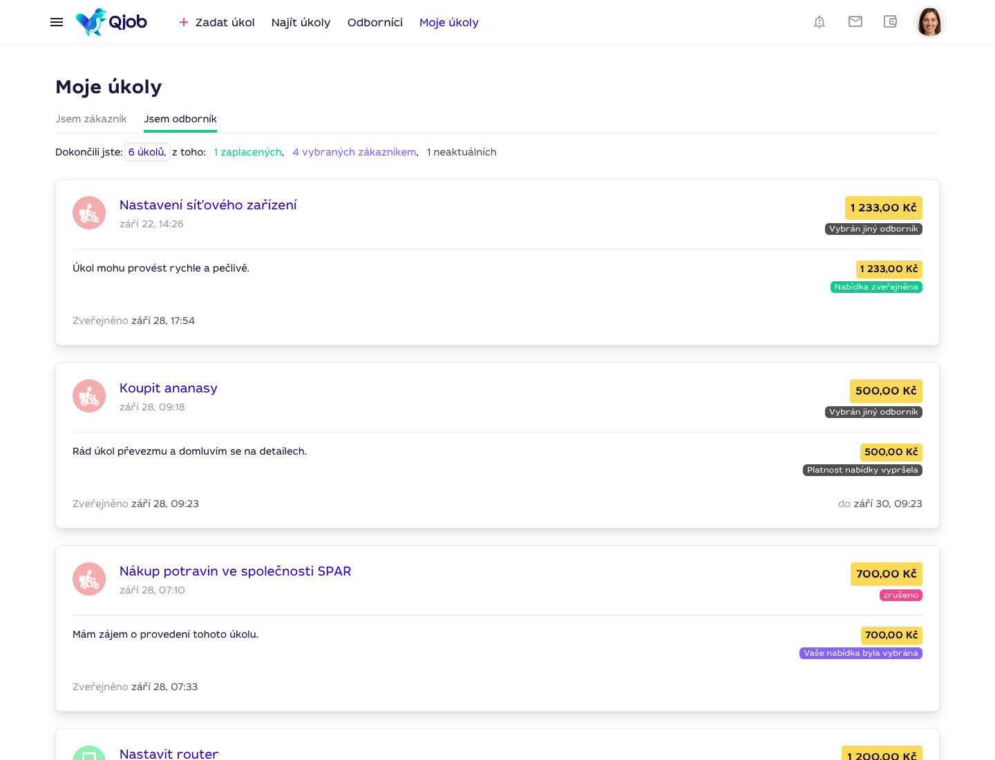 Profil Qjob.cz v části Jsem odborník se stavy odeslaných nabídek