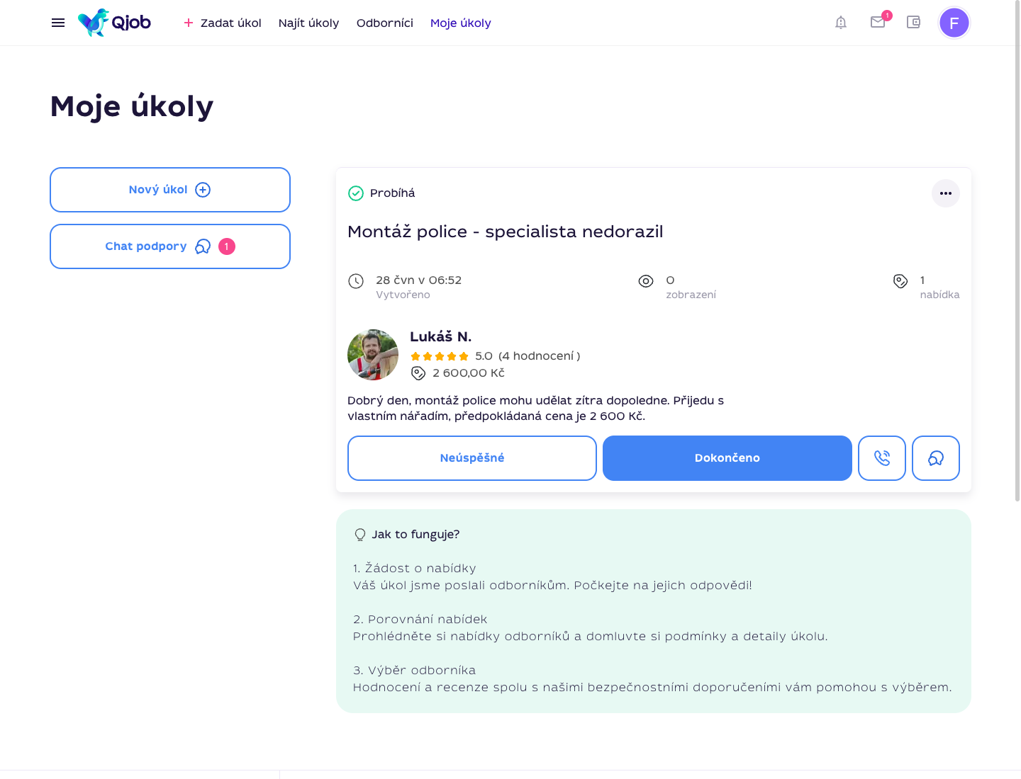 Sekce Moje úkoly na Qjob.cz s úkolem, u kterého je vybraný specialista