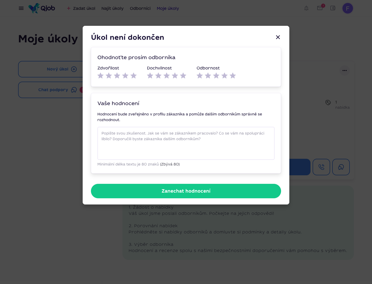 Formulář Úkol není dokončen na Qjob.cz