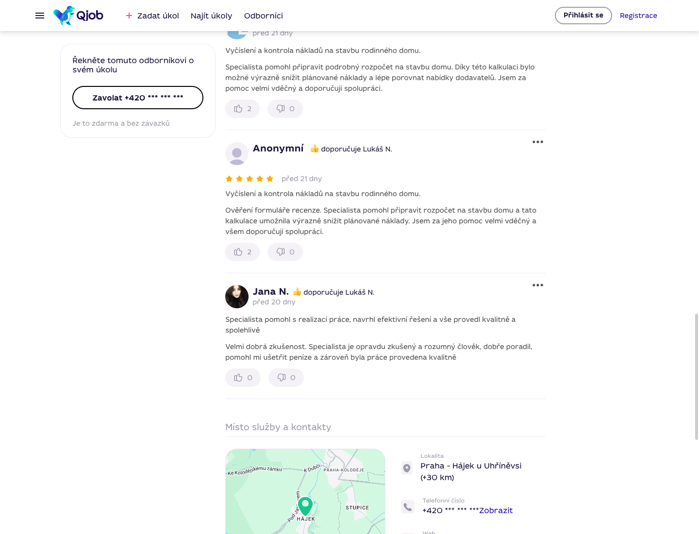 Detailní recenze specialisty a kontaktní část profilu