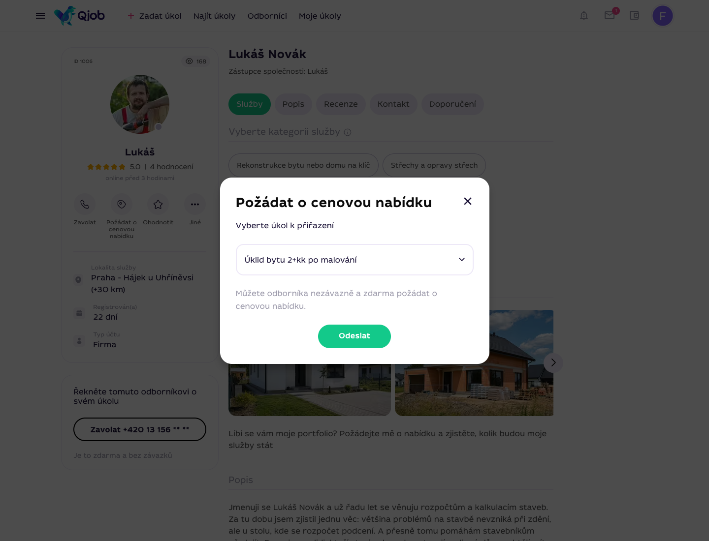 Výběr úkolu při oslovení konkrétního specialisty na Qjob.cz