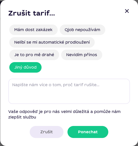 Formulář Zrušit tarif Qjob.cz s důvody zrušení automatického prodloužení