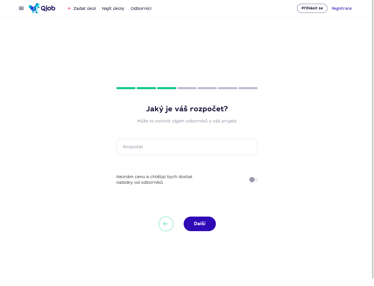 Krok Jaký je váš rozpočet ve formuláři pro vytvoření úkolu na Qjob.cz