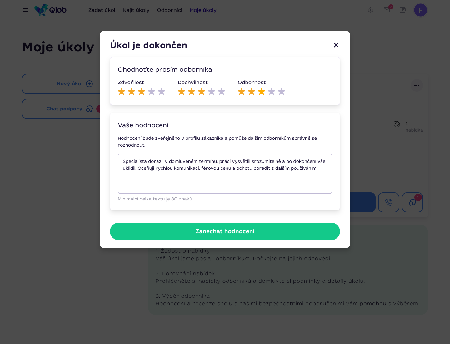 Formulář hodnocení na Qjob.cz s vyplněným textem recenze
