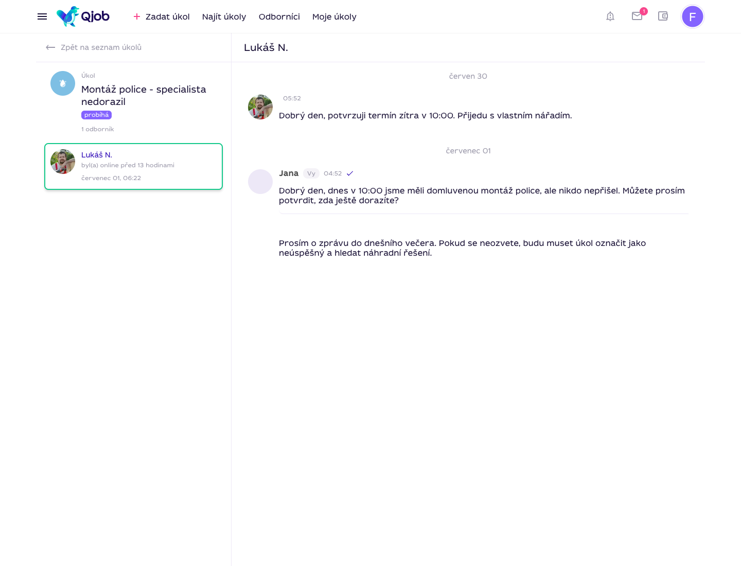 Chat Qjob.cz s věcnou zprávou k problému po dokončení práce