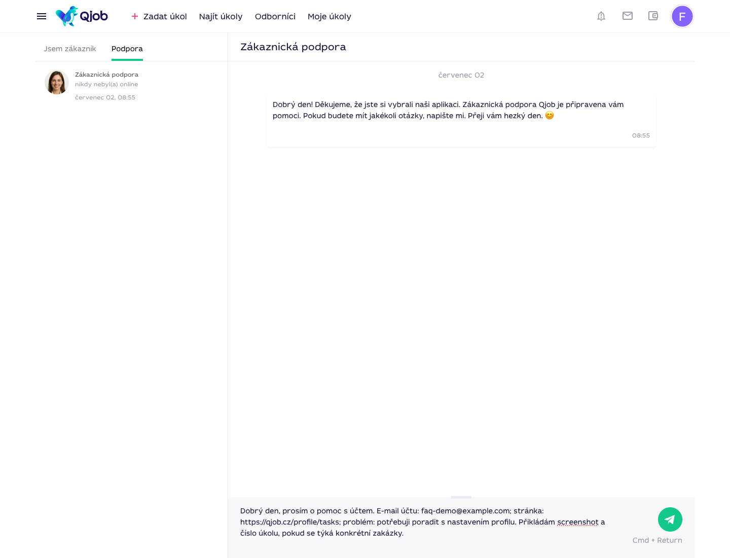 Rozepsaná zpráva podpoře Qjob.cz s kontextem problému