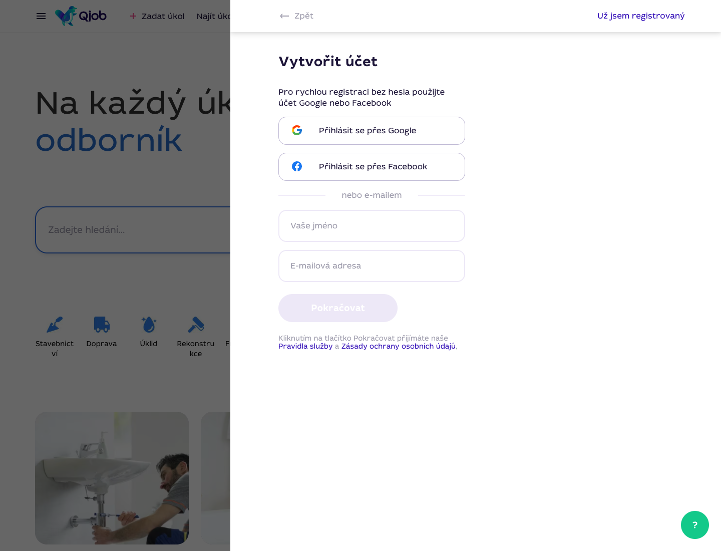 Registrační formulář Qjob.cz pro zákazníka s poli pro jméno, telefon, e-mail a heslo