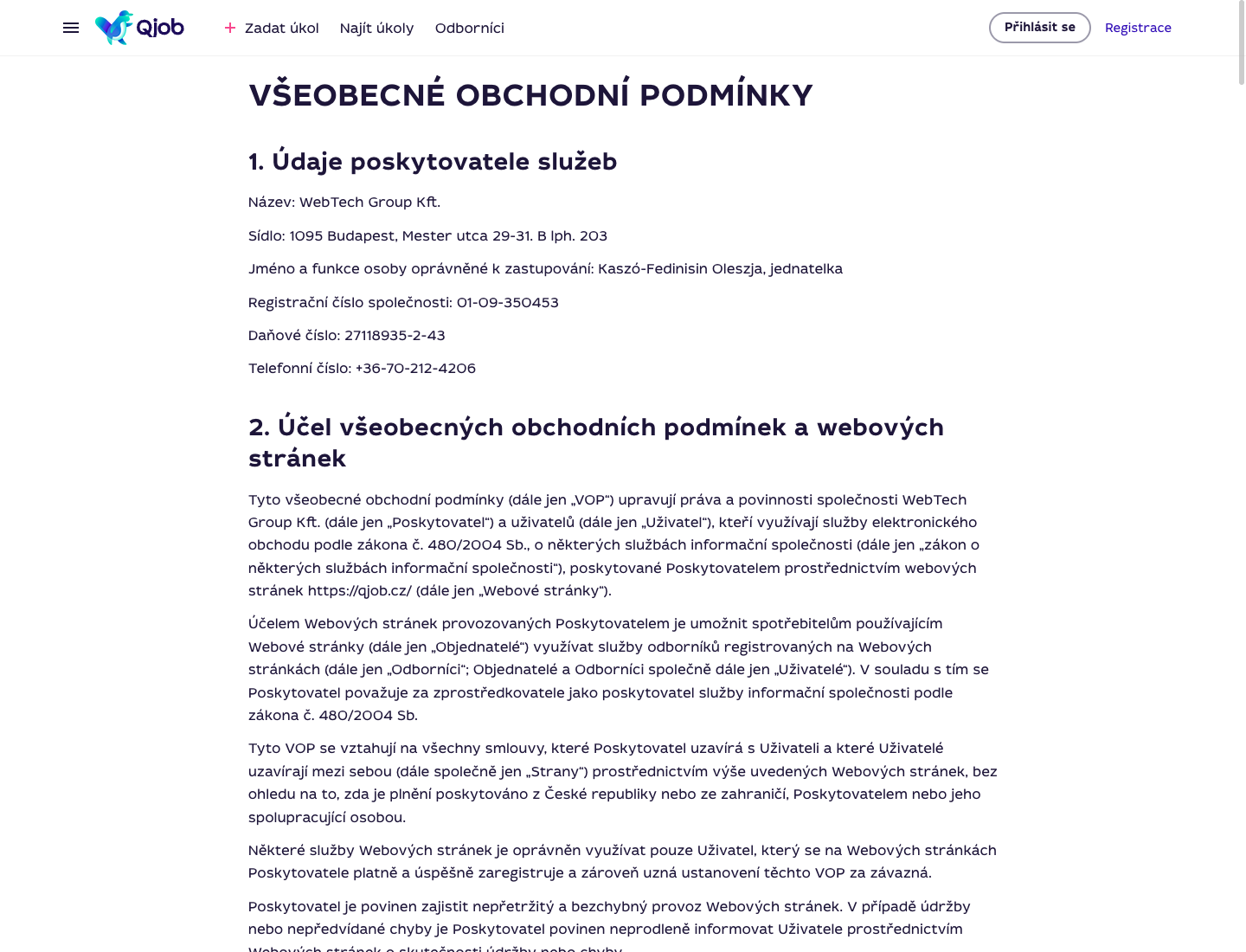 Stránka Všeobecné obchodní podmínky Qjob.cz s pravidly služby