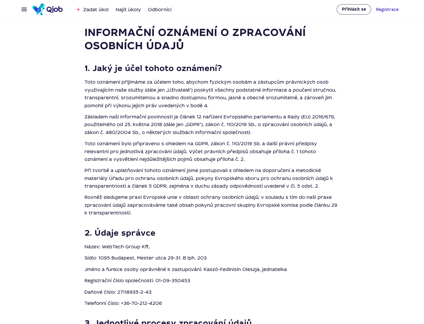 Část dokumentu Qjob.cz s údaji správce osobních údajů