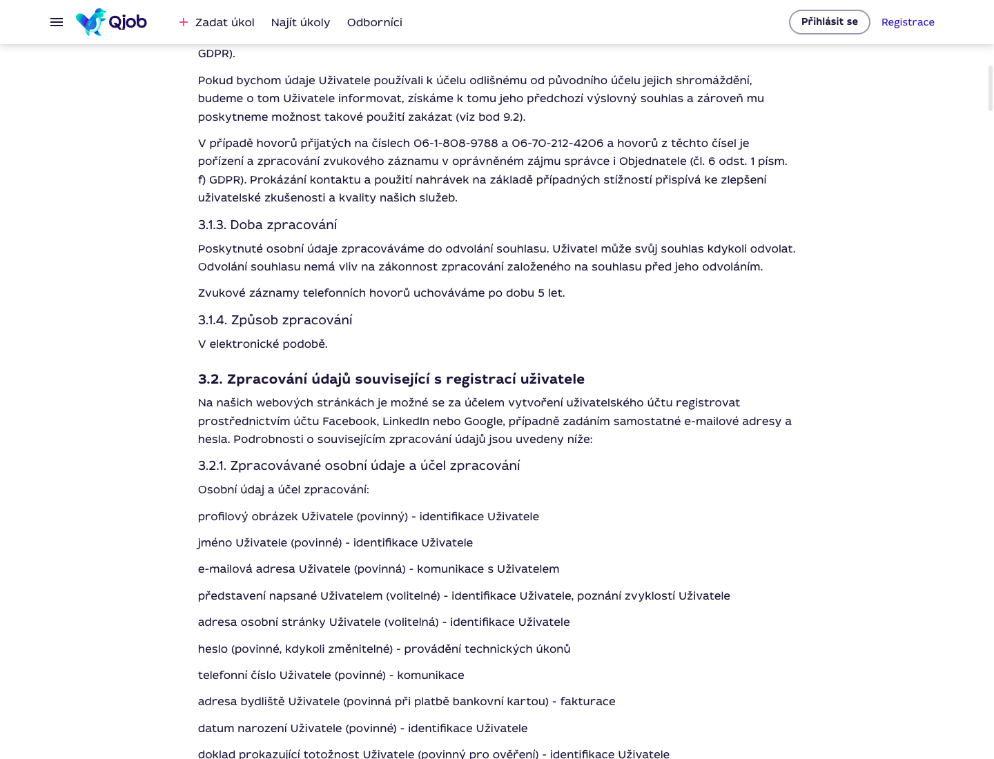 Část privacy dokumentu Qjob.cz o zpracování údajů souvisejícím s registrací uživatele