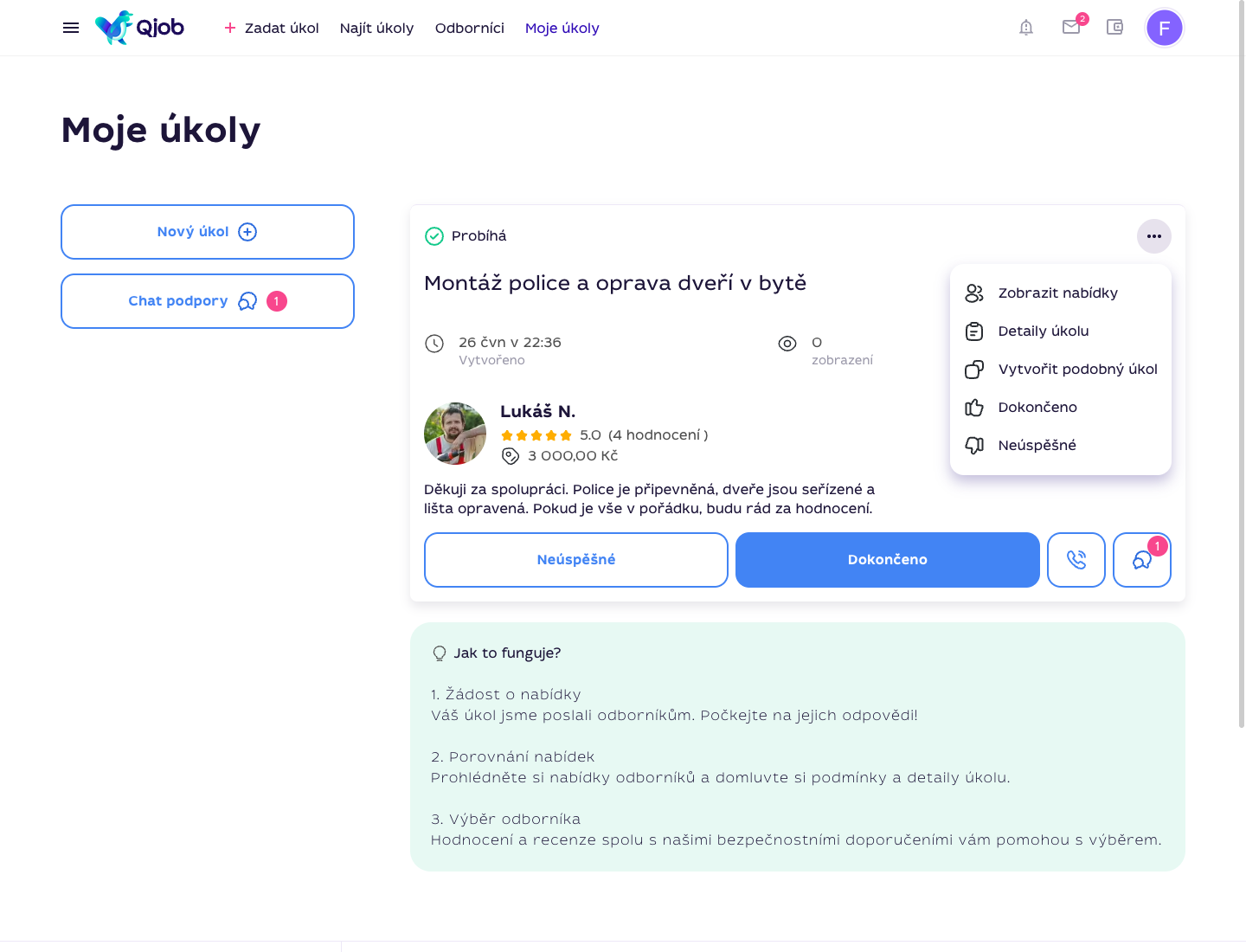 Menu úkolu s možnostmi Dokončeno a Neúspěšné na Qjob.cz